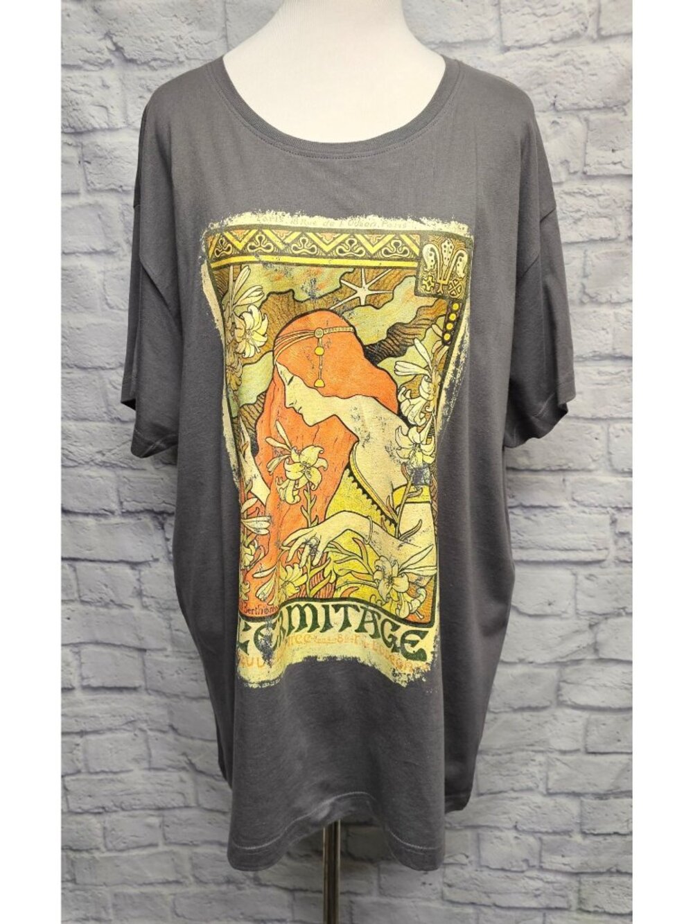 NEW LIVE AND TELL 3X GRAY YELLOW WOMAN FLORAL GRAPHIC S/S CREW T-SHIRT TEE